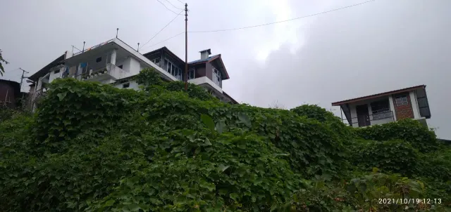 The homestay seen from the green hillside below