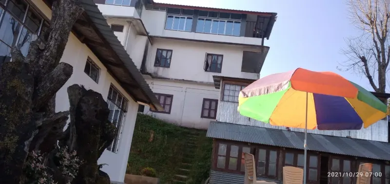 Uvie Homestay beside an old tree, with a garden umbrella and seating in front